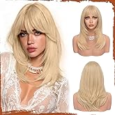 SOFEIYAN Light Blonde Wigs with Bangs 16 Inch Long Straight Layered Wig Natural Looking Soft Heat Resistant Synthetic Medium Length Hair Wigs for Women Daily Party Use