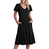 ANRABESS Womens Summer Midi Dresses Casual V Neck Short Sleeve A Line Floral Flowy Tiered Beach Vacation Dress with Pockets