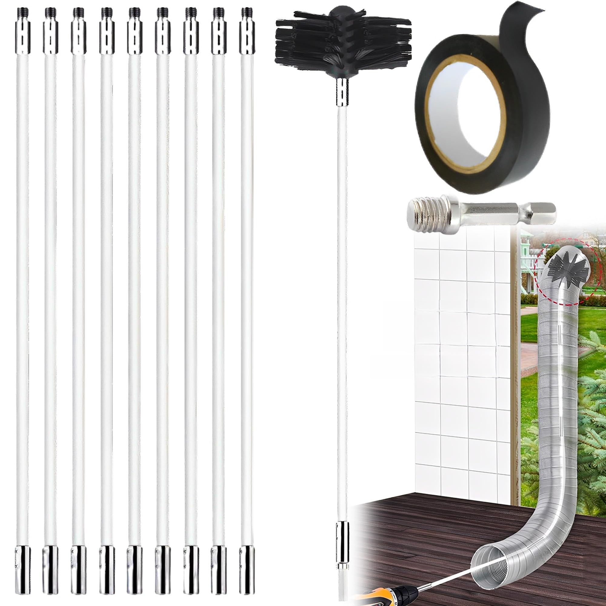 CXAFQ 12 Pcs Chimney Cleaning Brush Kit, Flexible Chimney Sweep Kit, Sink Unblocker, Suitable For Chimneys, Hood Ducts, Boiler Walls, Dryer Vents, Sewage Pipe Sweeping Kit, One Brush For Multiple Uses