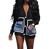 NRTHYE Women's Open Front Knit Sweater Cardigan Denim Pockets Patchwork Button Sweater Jacket