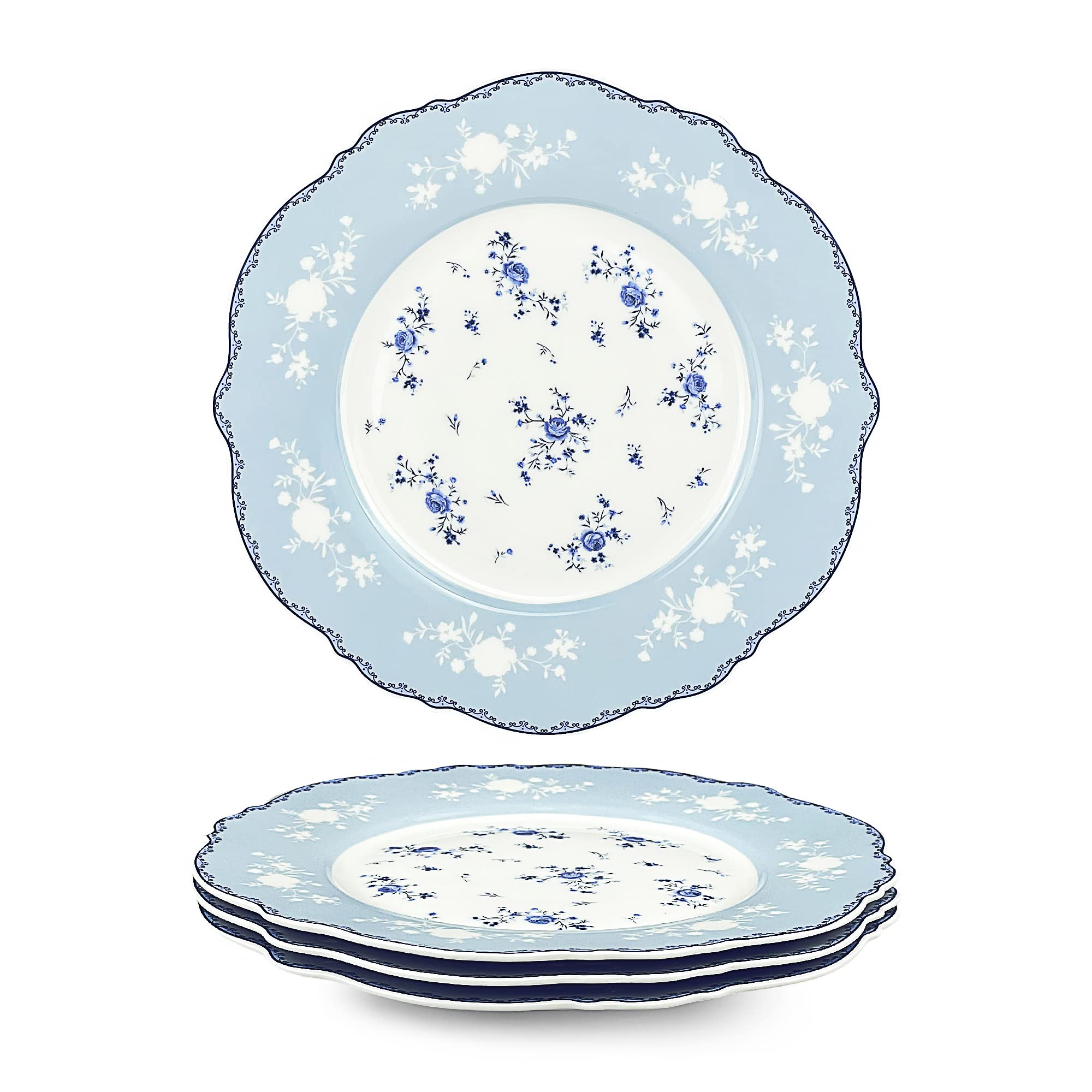fanquare 20.8cm Porcelain Dessert Appetizer Plates, Blue and White Side Plates Set of 4, Royal Vintage Dinner Service for Kitchen, Dining Table