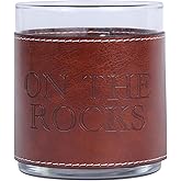 Barrel Down South Derby Faux Leather Sleeve Rocks Glasses - 11 oz Double Old Fashioned Drinking Glass - Bourbon Whiskey Cup - Gifts For Men (On The Rocks)
