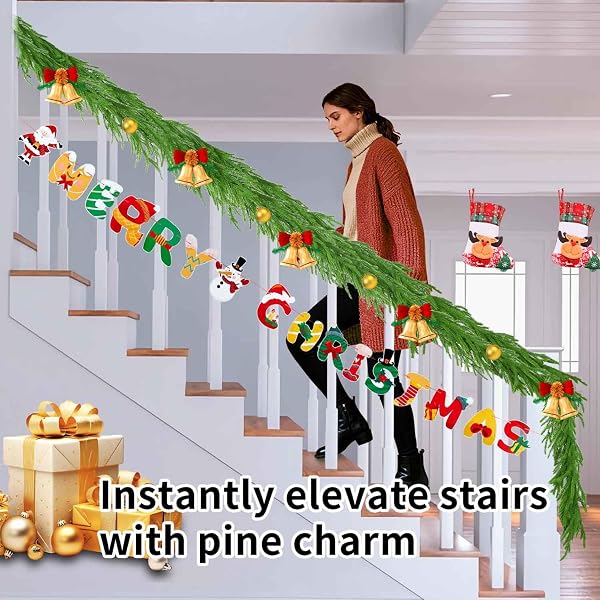 HORYNAR 2 PCS CHRISTMAS GARLANDS, 12 FT (2 * 6FT) ARTIFICIAL LIFELIKE PINE GARLAND, BANNER INCLUDED,GREENERY GARLAND FOR MANTLE,TABLE,STAIRS,WALL,INDOOR, CHRISTMAS DECORATIONS OUTDOOR (2, 6 FT)