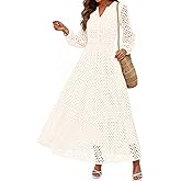 PRETTYGARDEN Women's Long Sleeve Maxi Dress V Neck Hollow Out Eyelet A Line Long Flowy 2026 Spring Wedding Guest Dresses