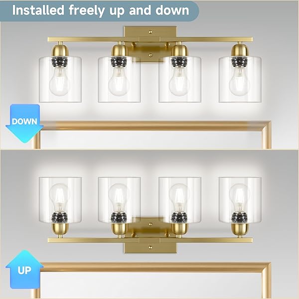 FAISHILAN MODERN BRUSHED GOLD 4 LIGHT BATHROOM LIGHT FIXTURES, 24 INCH VANITY LIGHTS FOR BATHROOM WITH CLEAR GLASS, BATHROOM VANITY LIGHT FOR MIRROR KITCHEN LIVING ROOM HALLWAY CABINET PORCH