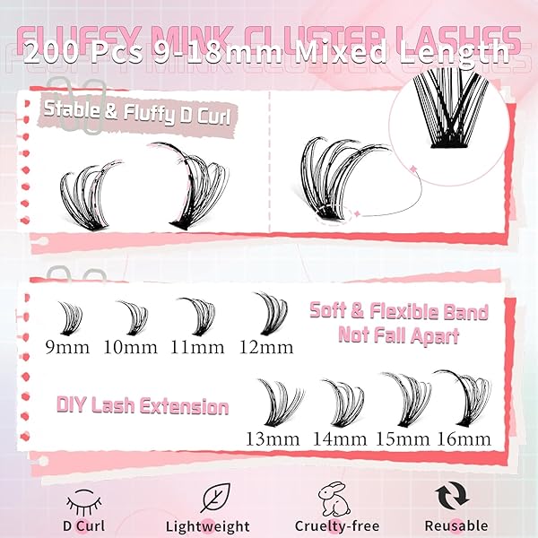 CLUSTER EYELASH KIT 30D LASH EXTENSIONS KIT WITH 200PCS INDIVIDUAL LASHES BOND AND SEAL AND EYELASHES CLUSTERS TWEEZERS WISPY 9-16MM D CURL FALSE EYELSHES, BY YAISEIKO