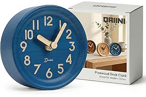 Driini Wooden Analog Desktop Clock – 4.3 in. Decorative Pinewood Clock, No-Tick Design – Easy to Read Silent Sweep Mantle Clo