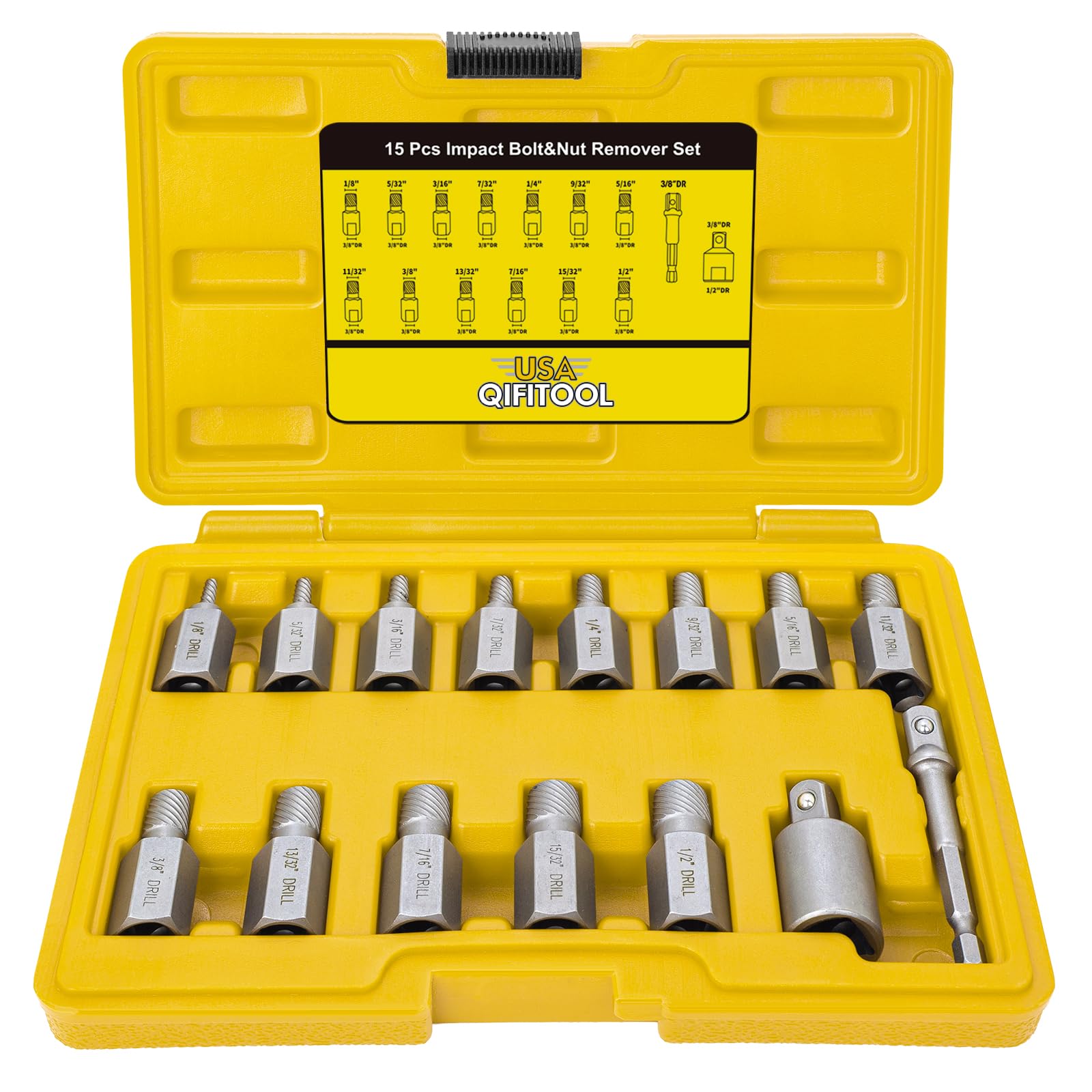 Photo 1 of 15 PCS Screw Extractor Set with 3/8" Inch Drive, Hex Head Multi-Spline Easy Out Allen Screw Extractor Kit Stripped Bolt Removal Tool for Removing Broken Rounded Rusted Bolts Screws Nuts(Yellow)