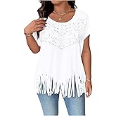 SOLY HUX Women's Plus Size Fringe T Shirt Rhinestone Crewneck Short Sleeve Tee Summer Casual Tops