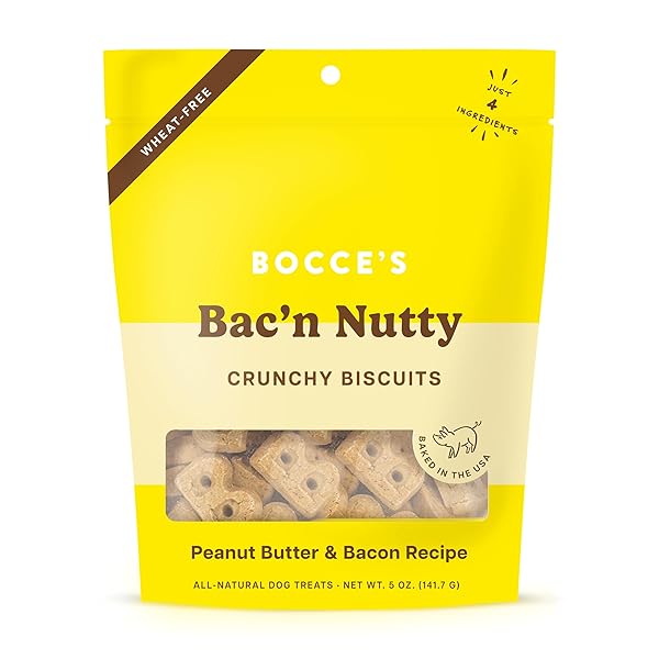 BOCCE’S BAKERY OVEN BAKED BAC’N NUTTY TREATS FOR DOGS, EVERYDAY WHEAT-FREE DOG TREATS, MADE WITH REAL INGREDIENTS, BAKED IN THE USA, ALL-NATURAL PB & BACON BISCUITS, 5 OZ