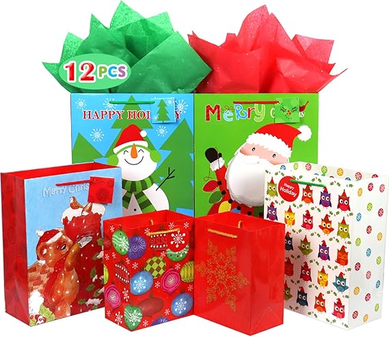 Amazon.com: Fzopo Christmas Gift Bags Bulk Set Includes 4 Extra Large 4 Large 4 Medium With Tags ...