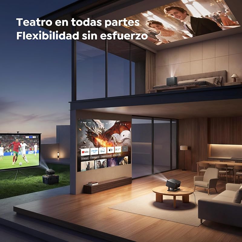 Proyector 4K【Google TV 14.0/Official Apps/Auto Focus/Keystone】 Proyector portatil Control por Voz 1080P FHD Nativo HDR10,WiFi 6 & Bluetooth 5.3 SmartProyector para Exterior/Cine en Casa/Techo/HDMI