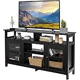 Tangkula Farmhouse TV Stand for TVs up to 65" Flat Screen, Wooden TV Console Table w/2 Cabinets & 4 Shelves, Home Living Room Furniture, Entertainment Center for 18" Electric Fireplace (Not Included)