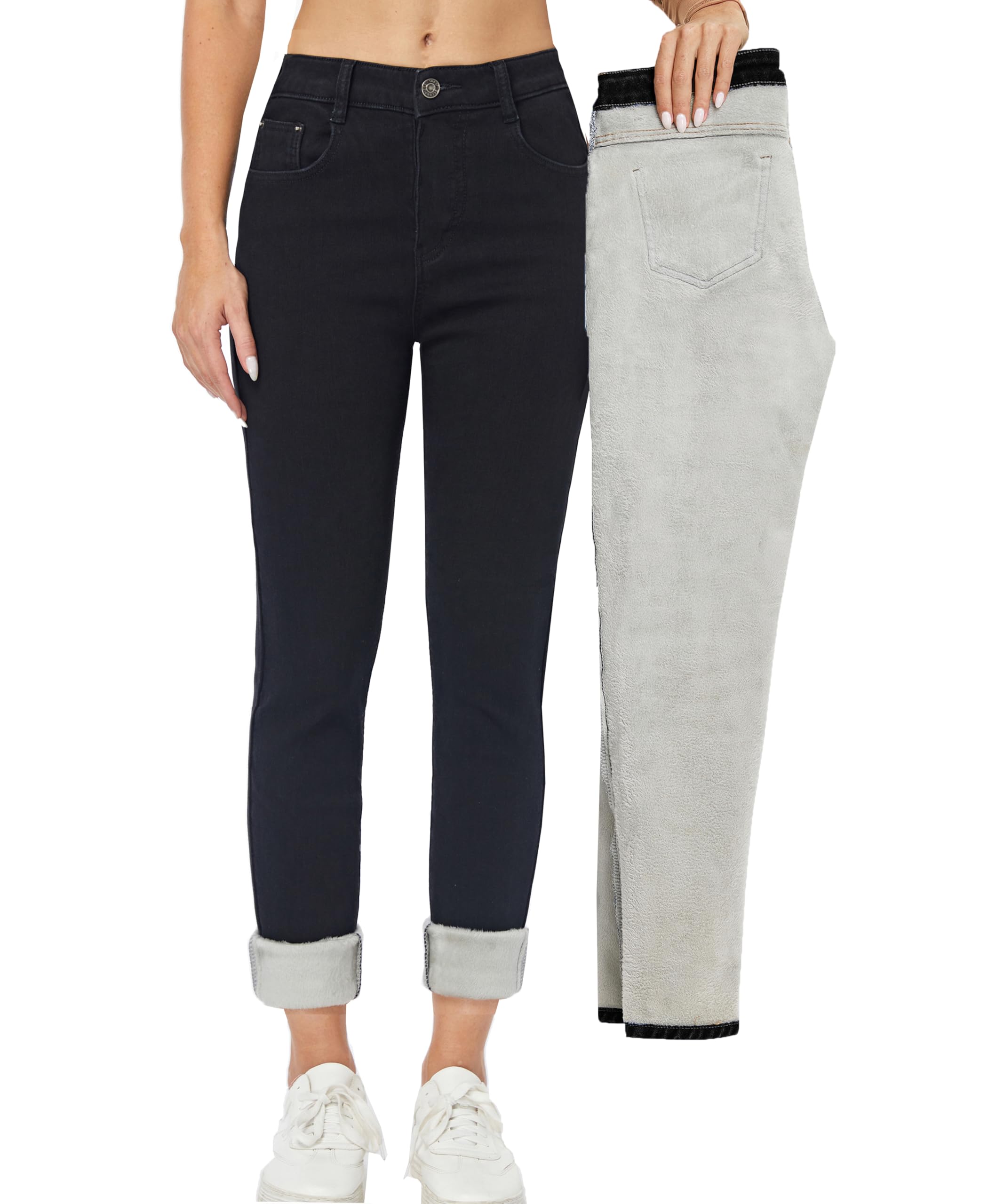 Photo 1 of heipeiwa Women's Fleece Lined Winter Jeans Thermal Stretch Warm Flannel Skinny Denim Pants