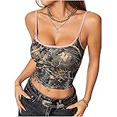 BEAUDRM Women's Y2k Vintage Camo Print Camisole Spaghetti Strap Scoop Neck Cropped Cami Tank