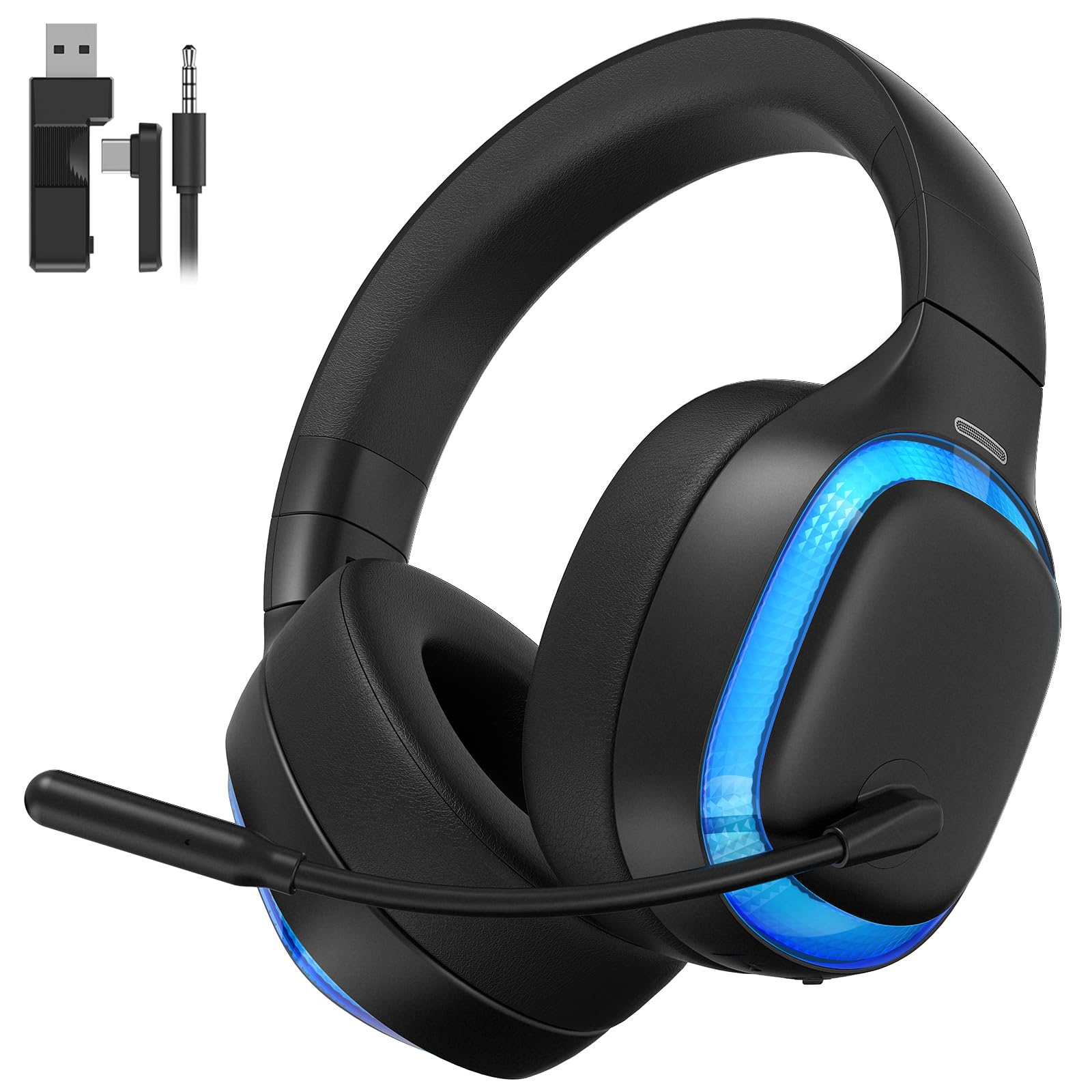 SEJJ 2.4Ghz Wireless Gaming Headset for PS5, PS4, PC, Mac, Bluetooth 5.4 Gaming Headphones with Noise Canceling Mic, 70H Battery, Surround Sound, Lay-Flat & Foldable - Black