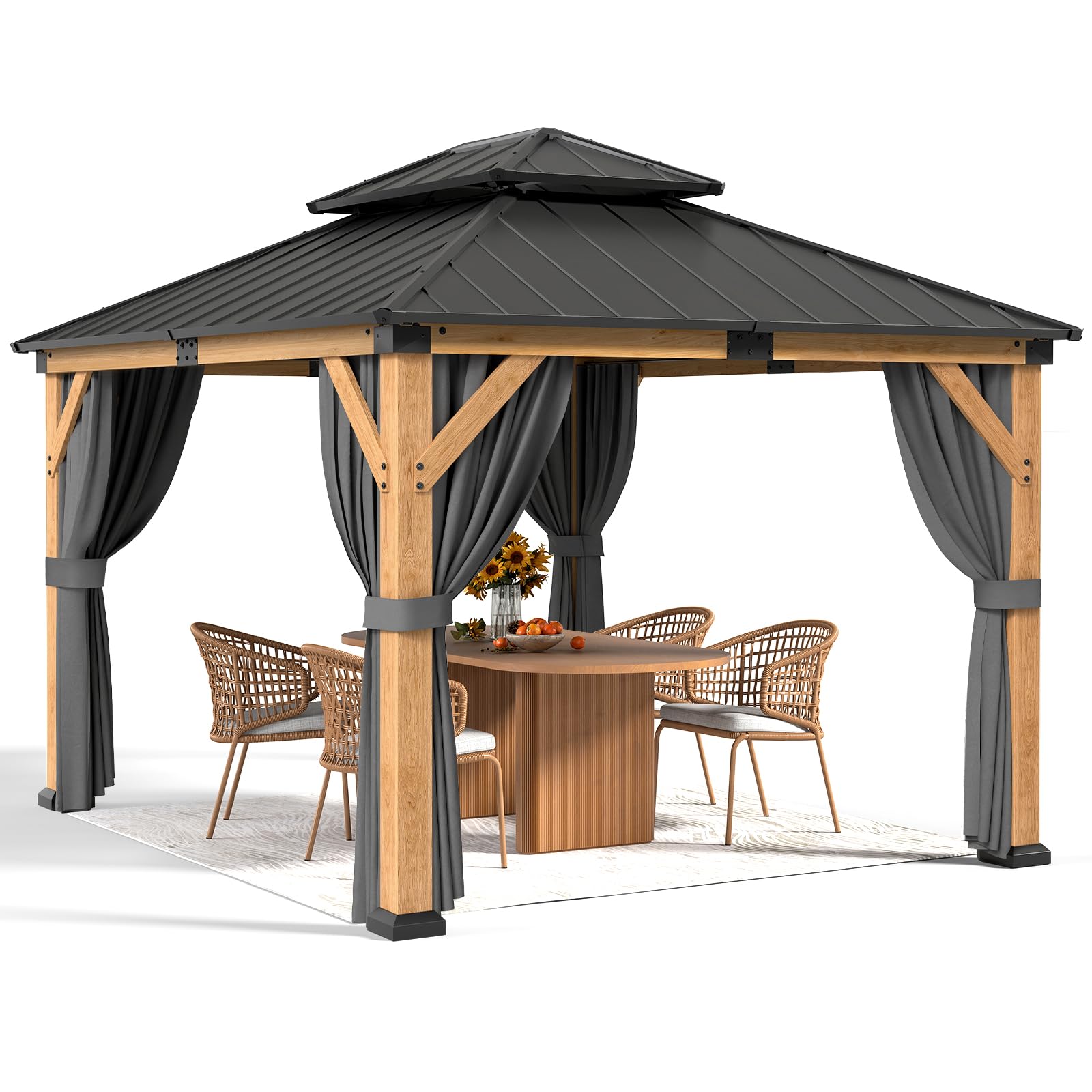 Photo 1 of *** PARTIAL SET *** Jocoevol 10' X 12' Wood Gazebo Hardtop Outdoor Permanent Pavilion with Double Galvanized Steel Roof, Curtains and Netting, Snow Support, Wind Resistance, for Backyard Garden, Lawns, Patio