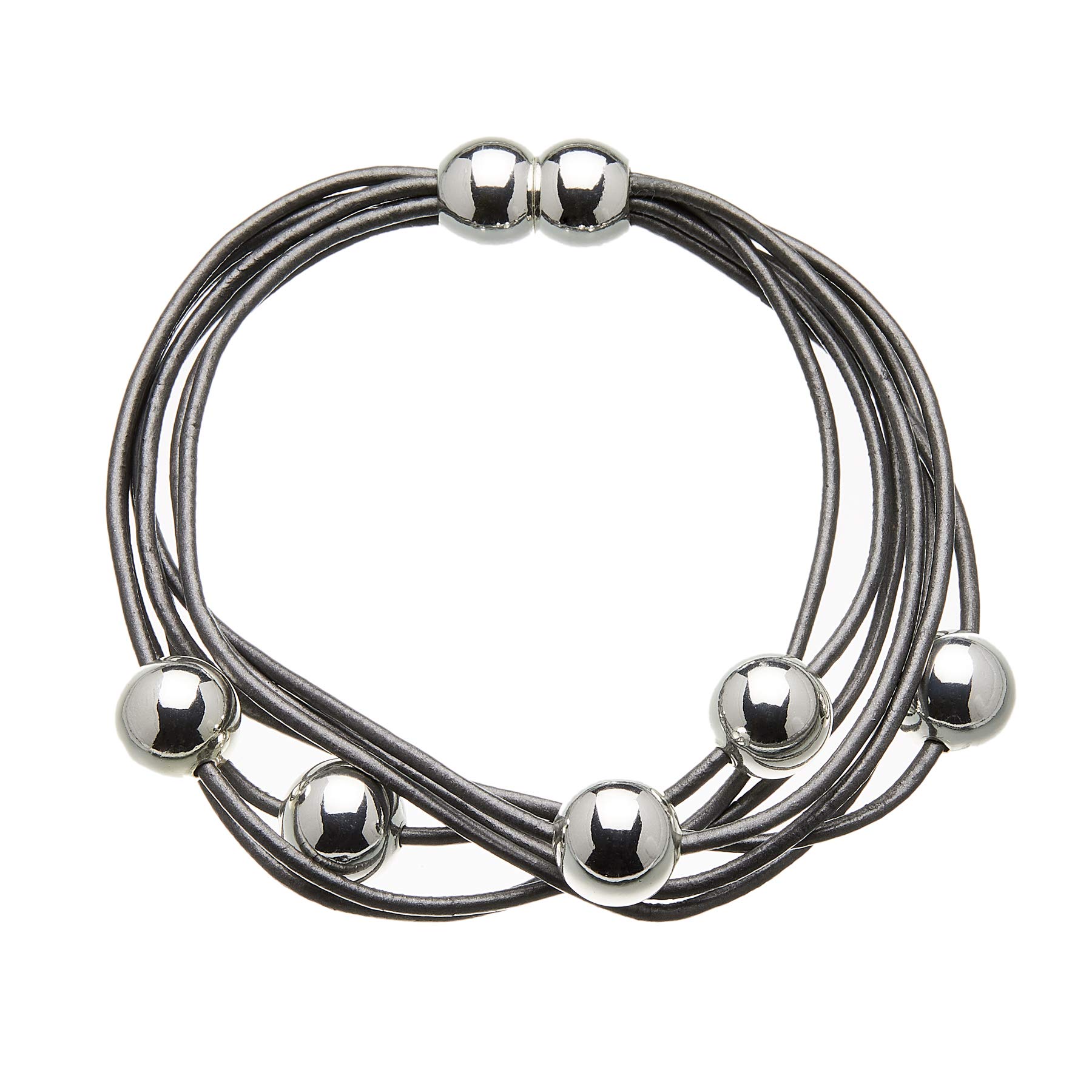 Bello London Bracelet with dark grey leather strands and sliding silver plated beads - Rita B