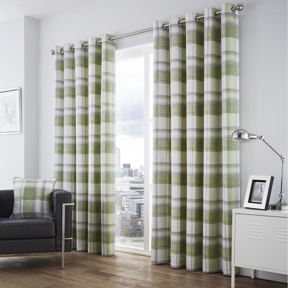 Fusion - Balmoral Check - 100 Percent Cotton Pair of Eyelet Curtains in Green, 46" Width x 54" Drop (117 x 137 cm) — image 1
