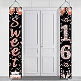 Sweet 16 Party Decorations, Black Rose Gold Happy 16th Birthday Decorations for Girls Sixteen Year Old Birthday Door Banner Porch Sign Party Supplies for Outdoor Indoor