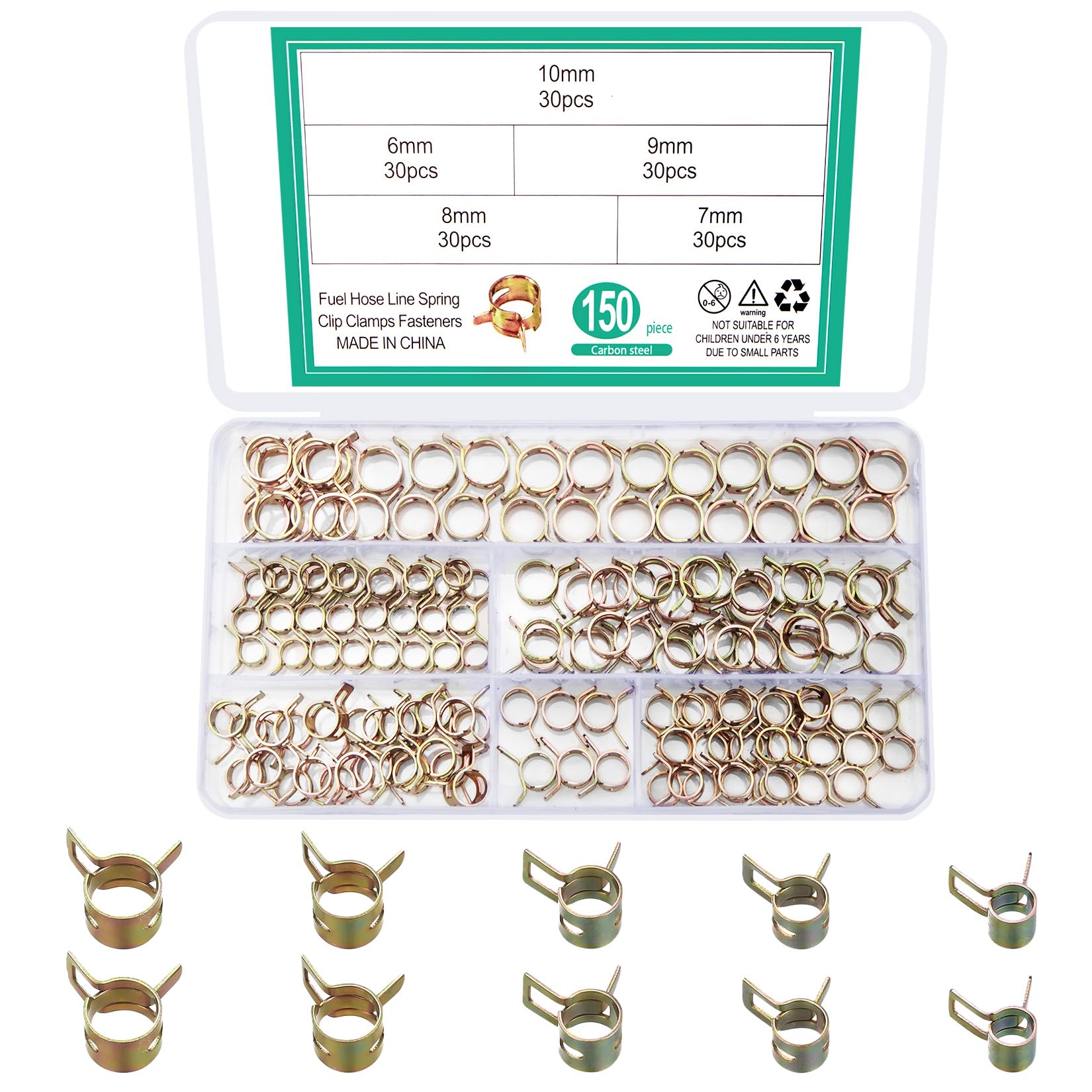 Vwoqiy 150 Pcs Spring Hose Clamps, Fuel Line Hose Clips Clamps, Hoses Spring Clamp, Metal Fuel Pipe Clips for Water Pipe Air Drain Tube Vacuum Fastener Clip, 6mm 7mm 8mm 9mm 10mm