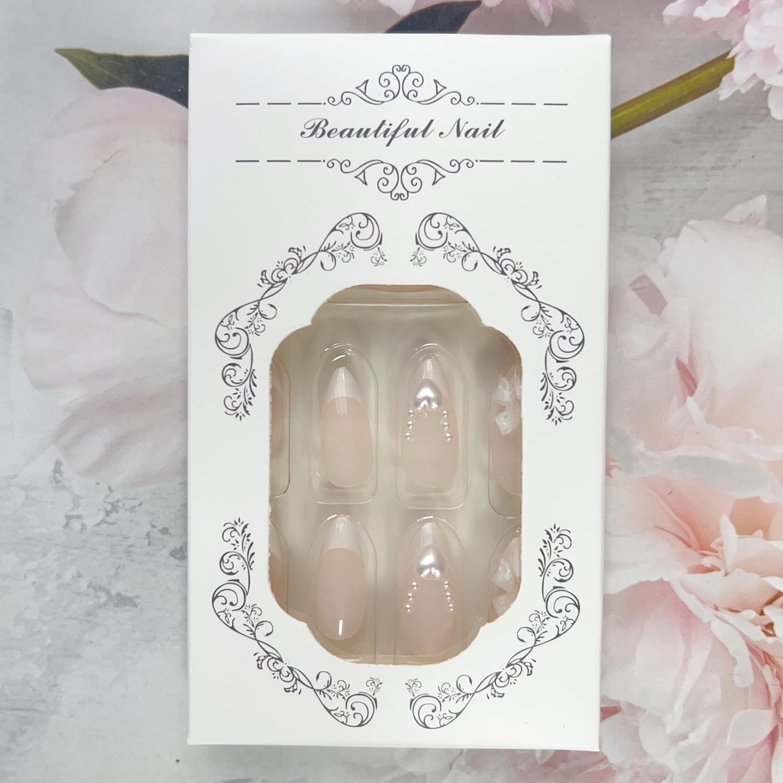 LPOODDNU Almond Press on Nails White French Tip Fake Nails Medium Length Acrylic Nails Press ons with Bow Charms Designs Cute White Pearls Glue on False Nails Reusable Stick on Nails 24pcs - Image 6