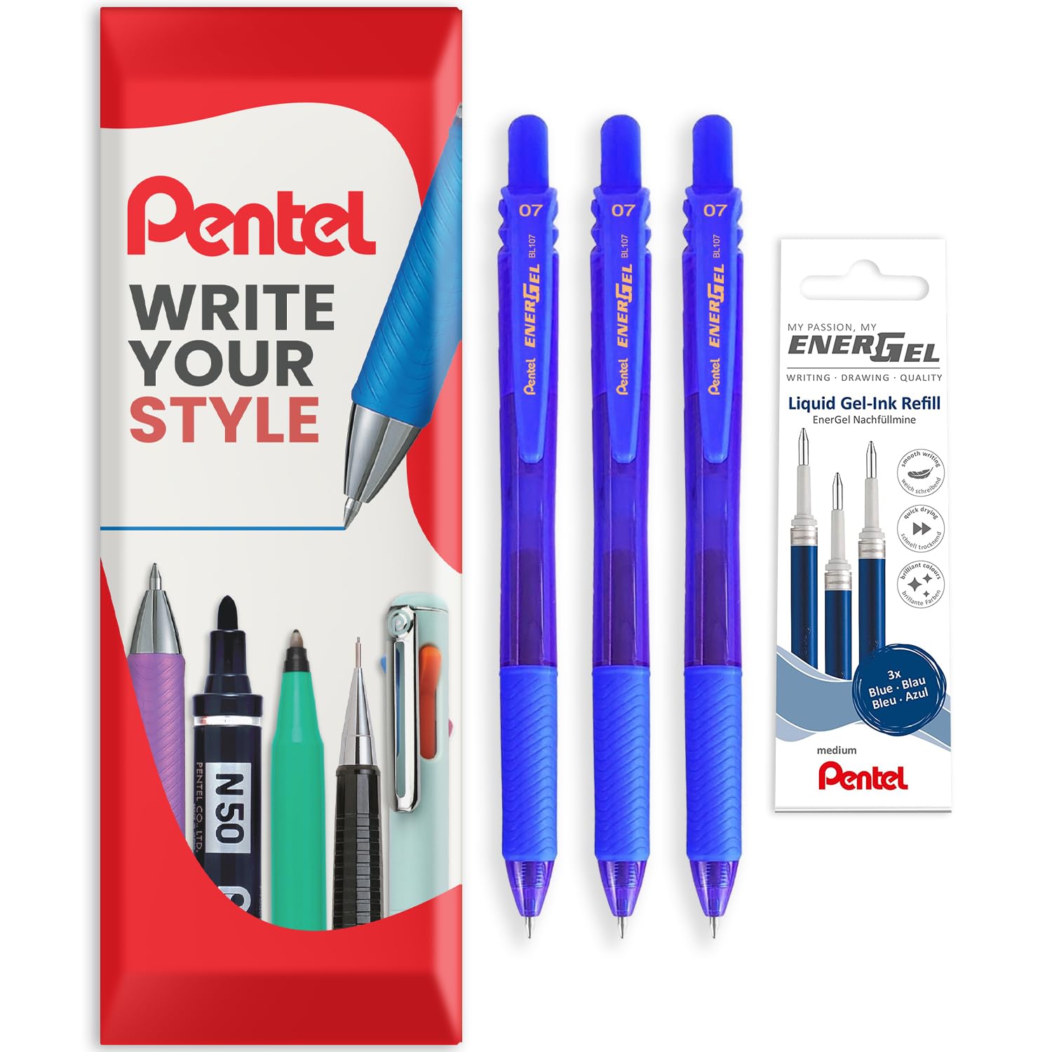Pentel Energel X BL107 Retractable Gel Rollerball Pens - 0.7mm Nib - Pack of 3 + 3 Refills - in Envelope Gift Packaging - Blue Ink