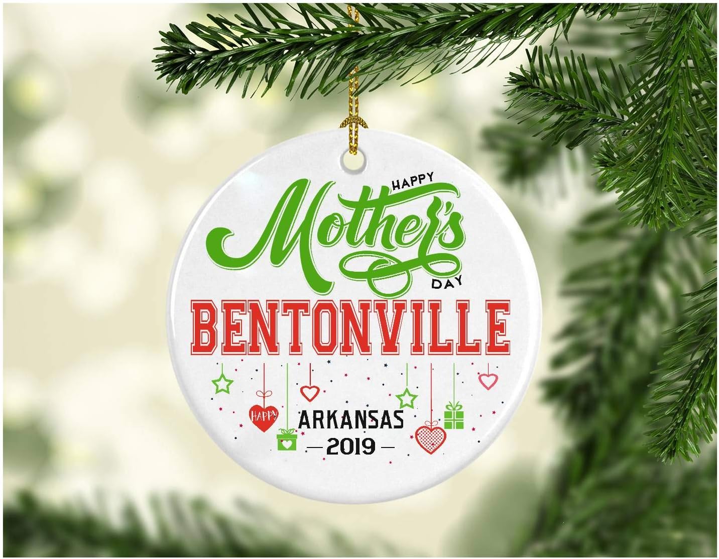 Ornaments For Mother's day Gift Ideas - Funny Hometown State - Happy Mother's Day Bentonville Arkansas AR Distance relationship Gifts Decoration Ornament Ceramic 3 Inches White