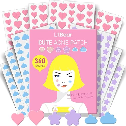 LitBear Acne Pimple Patch, 360 Dots 3 Shaped Colors Pimple Patches with Salicylic Acid, Tea Tree Oil & Calendula Oil, Hydrocolloid Acne Patch for Face, Blemish, Cute Zit Patch Pimple Sticker Acne Dots