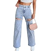 Kedera Women's Rhinestone Pearl Cut Out Jeans High Rise Straight Leg Embellished Pants with Elastic Waist Panels