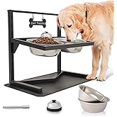 Grand Line Elevated Dog Bowls - 7 Height Adjustable, 10 Tilted Raised Stand With Spill Proof Mat, Two 1.5L Stainless Steel Food Water Bowls for Large Medium Small Dogs (15.4" H)