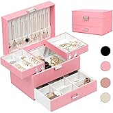 Dajasan Jewelry Box for Girls Women, PU Leather Jewelry Organizer Box, 3 Layers Jewelry Gift Box for Christmas, Valentine's Day, Birthday, Mother's Day (Pink)
