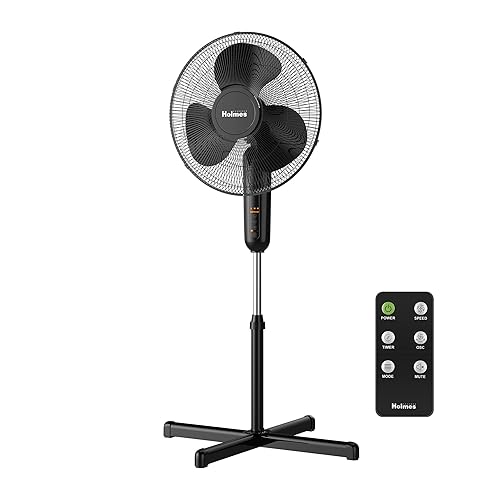HOLMES 16" Digital Stand Fan, 80° Oscillation, 3 Speeds, 3 Modes, 7.5 Hour Timer, Adjustable Height, 30° Adjustable Head Tilt, Ideal for Home, Bedroom or Office, Remote Control, Black