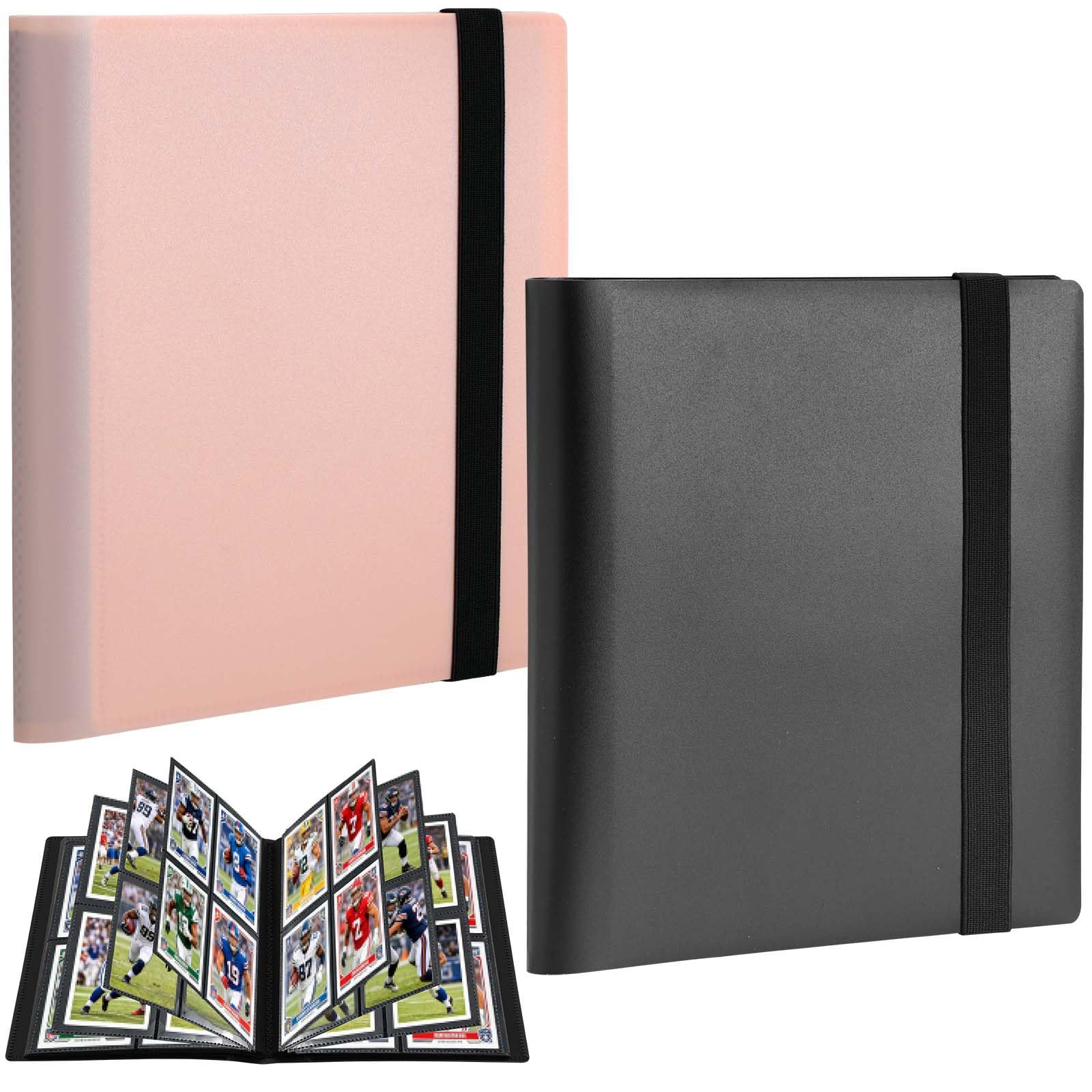 2Pcs 4-Pocket Trading Card Binder: 160 Pockets PU Leather Card Album with 20 Side-Loading Pages, Durable Trading Card Folder for Pokemon, MTG, TCG, Yu-Gi-Oh, Sports Cards (Black, Pink)