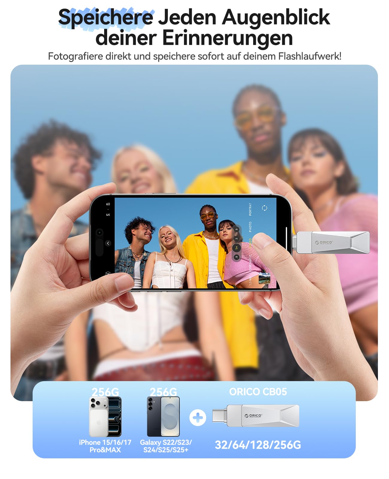 ORICO USB Stick 128GB USB C Stick Speicherstick OTG Bis zu 150MB/s 2-in-1 Typ C Flash Laufwerk Metall für iPhone 17/16/15/Android-Smartphone/Tablet/Mac/Laptop/PC, Silber, CB05 3