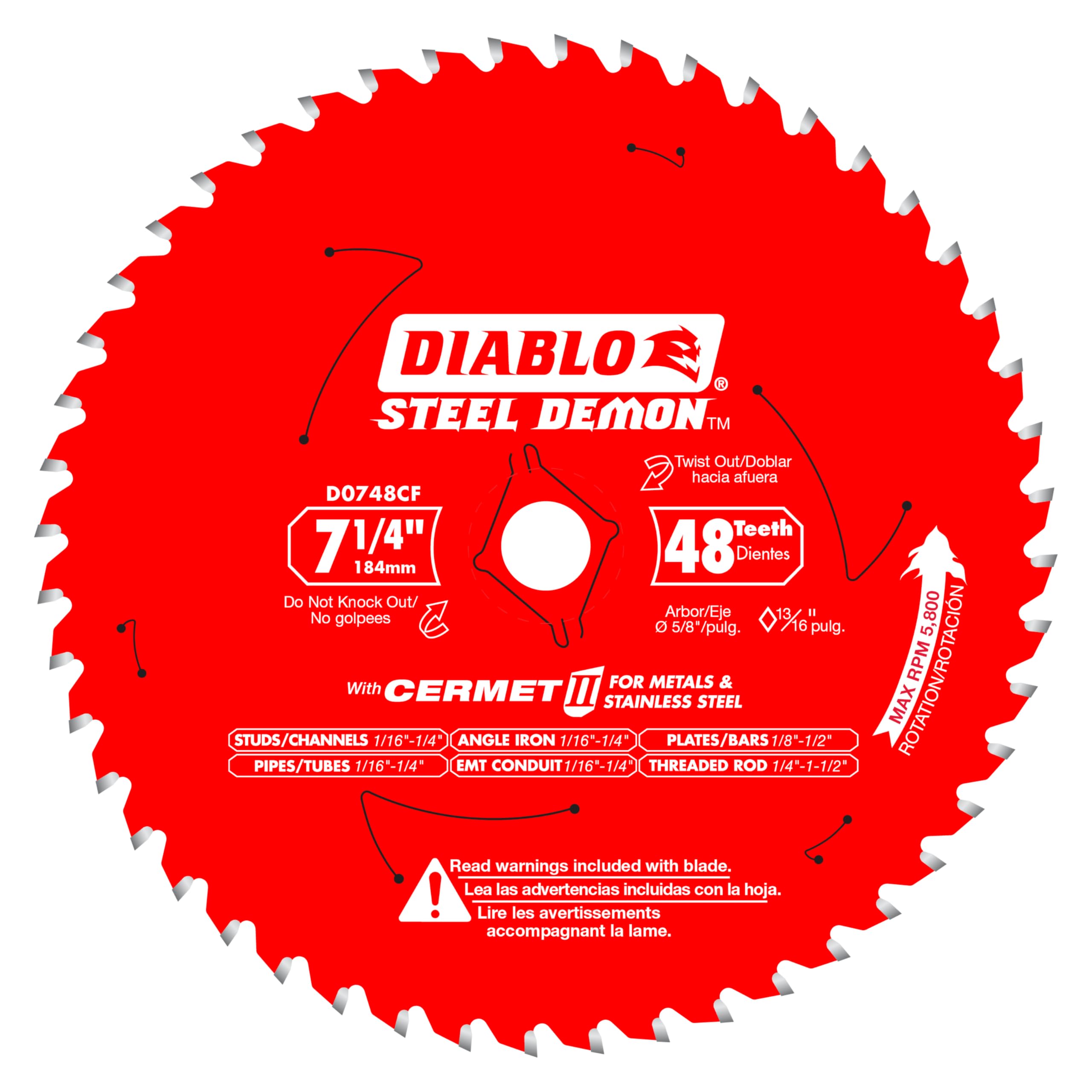 Hoja de sierra Diablo Steel Demon Cermet II con molienda de triple viruta y revestimiento Perma-Shield - Ideal para corte de metal mediano - 7-1/4 de diámetro, 48 dientes TCG - D0748CF