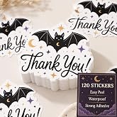 120Pcs Cute Bat Thank You Stickers, Halloween Packing Labels for Shops | 120 cute Halloween thank you stickers with black bat, moon, stars for small business envelopes, packages, gift bags, boxes