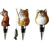 Set of 3 Cat Wine Bottle Stoppers, Hand-Carved Wooden Kitties, Reusable Beverage Stoppers with Airtight Rubber Seal, Novelty Gift