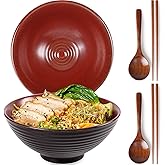NUTRIUPS 8 Inch Ceramic Ramen Bowl Set of 2 Pho Bowls 40oz Japanese Noodle Udon Soup Bowls with Spoons and Chopsticks (Rusty Red Brown)