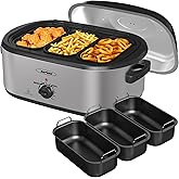 Sunvivi Electric Roaster Oven, 24 QT Turkey Roaster Oven with 3 Bin Buffet Server, 150-450F Full-Range Temperature Control, Removable Pan &amp; Rack, Stainless Steel, Silver