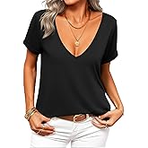 Zeagoo Sexy Tops for Women Deep V Neck Shirts Summer Low Cut Top Short Sleeve Tshirts Trendy Clothes Fashion Clothing