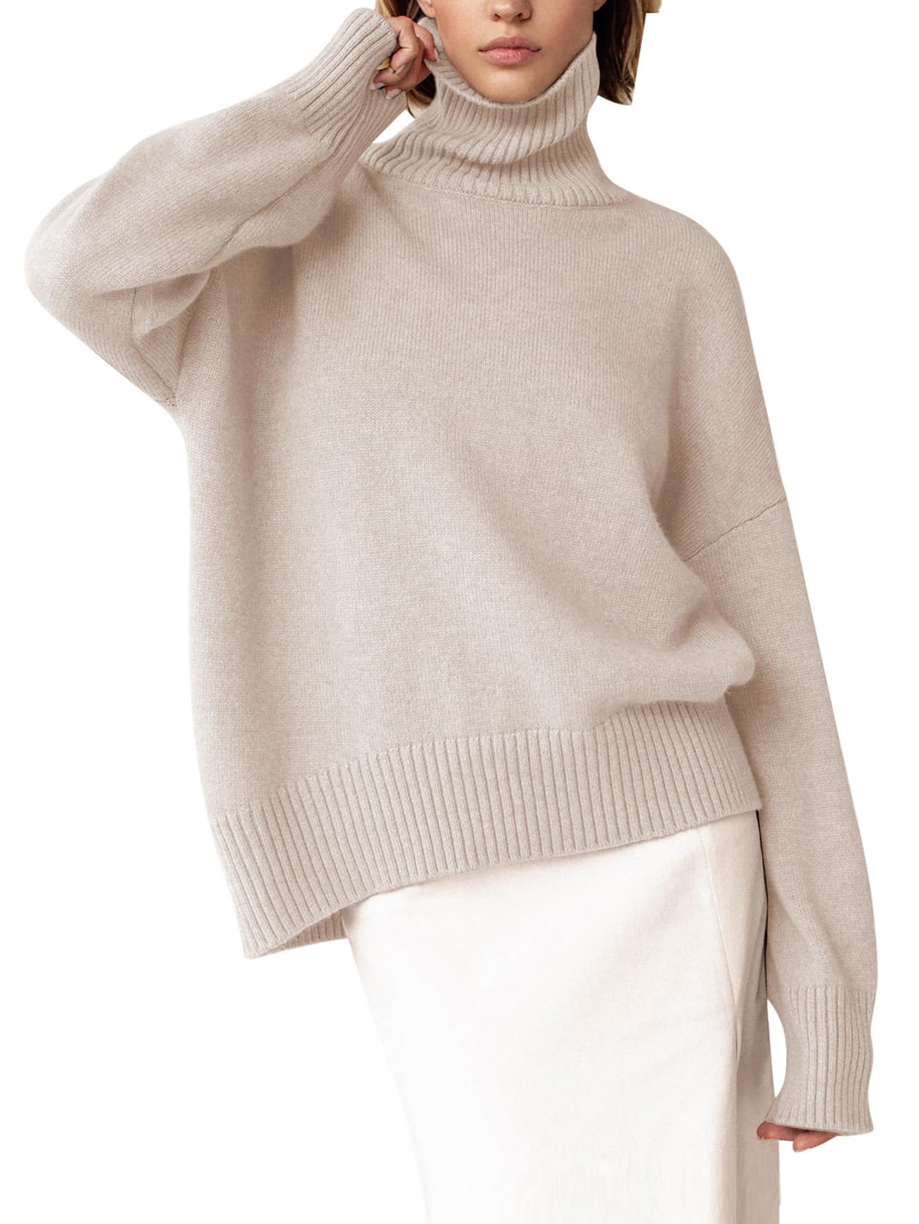 Photo 1 of YKR Women's Turtleneck Sweater Chunky Long Sleeve Knitted Pullover High Low Hem Sweater Jumper Top Lightbeige S
