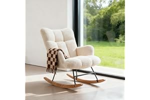 Wintline Nurseny Rocking Chair, Upholstered Glider Rocker Accent Chair with High Backrest and Cozy Cushion, Papasan Reading Armchair for Living Room, Bedroom, or Study, Ivory White