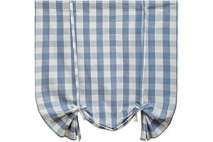 VOGOL Light Blue Buffalo Check Tie‑Up Balloon Shade, Adjustable Gingham Rod Pocket Valance for Kitchen or Dining Window, Farmhouse Curtain Home Decor 63 Inches Long, 1 Panel