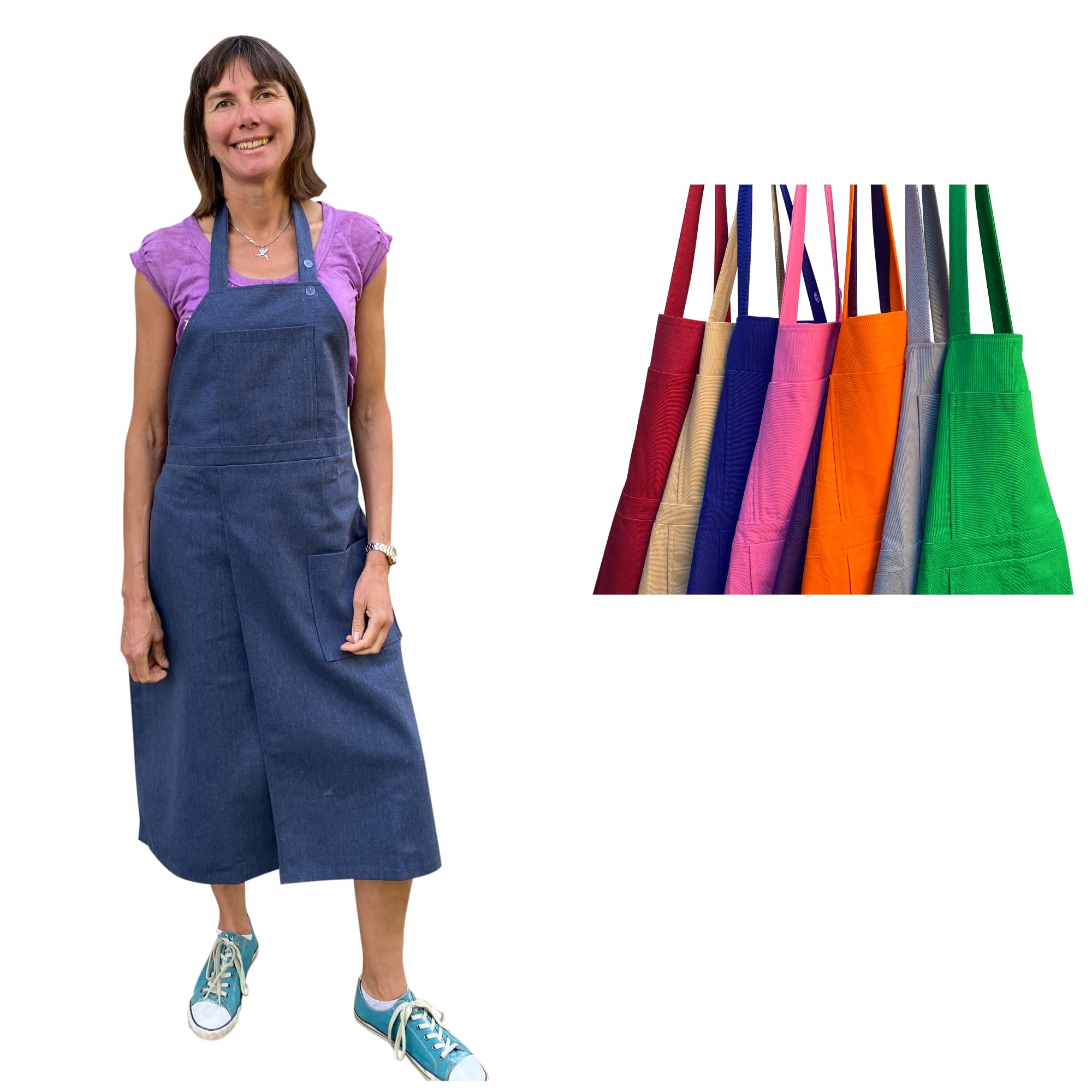 Potters Warehouse Pottery Apron Split Leg with an Adjustable neck strap and 2 pockets 8 Cotton Colours (Denim)