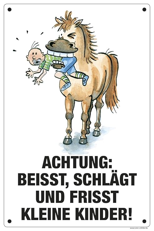 Boxenschild / Stalltafel 'Beißt, schlägt und frißt kleine Kinder'