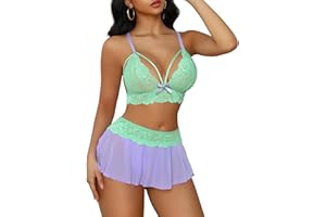 CRIPOM Sexy Lingerie for Women Naughty 3 Piece Lace Bralette, Mini Skirt with G-String Crotchless Lingerie Outfits