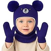 Toddler Baby Winter Hat Scarf Gloves Set, Bear Embroidery Pom Infant Boys Girls Acrylic Beanie Hat Warm Knitted Gloves 1-5Y