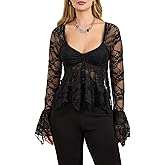 Women Y2k Lace Going Out Crop Top Cute Bell Long Sleeve Sheer Shirt V Neck Babydoll Blouse Tops Coquette Clothes