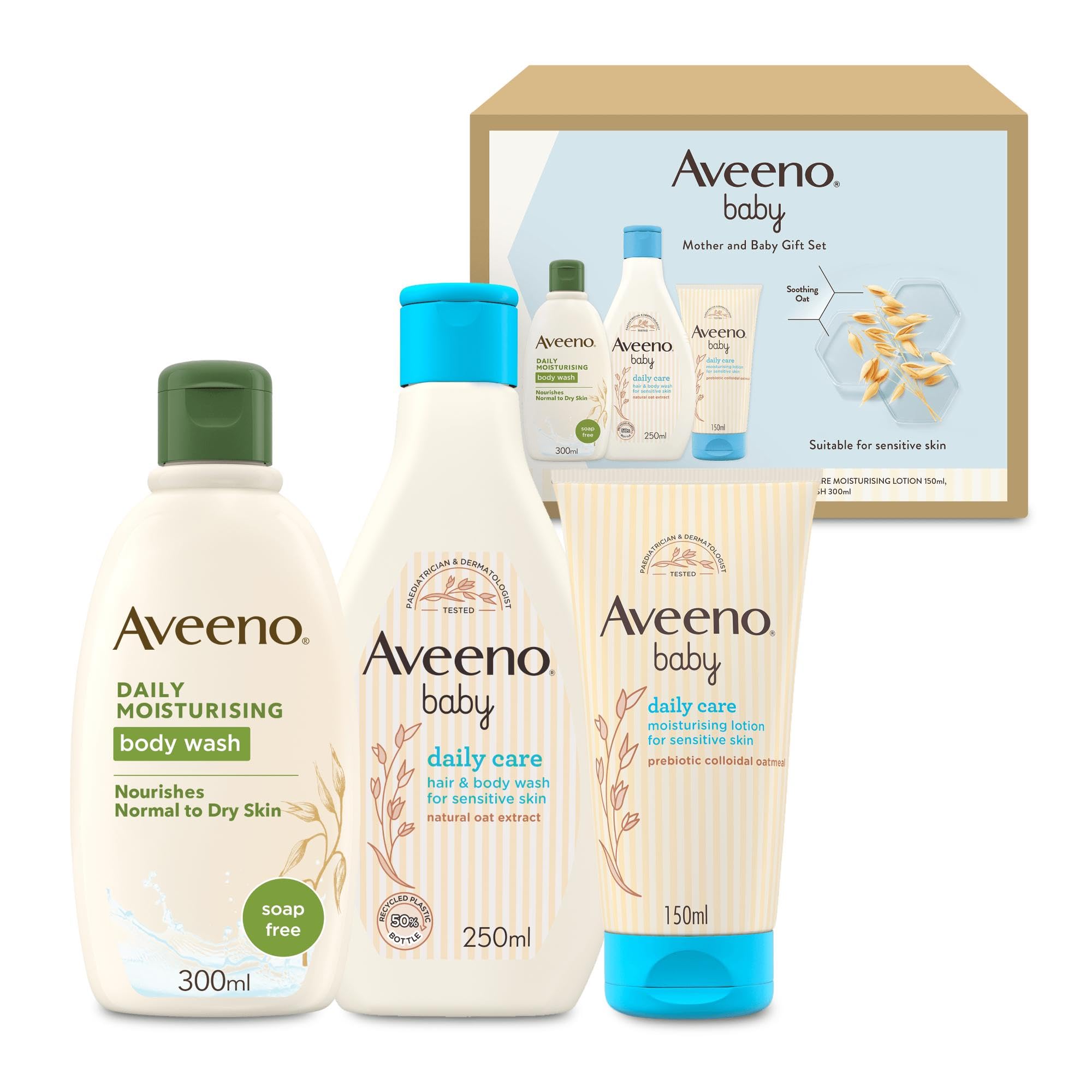 Aveeno Baby Mother and Baby Giftset – Gift for New Mums with Nourishing Body Wash (300ml), Babycare Hair & Body Wash (250ml) and Lotion (150ml), Soothing Products Suitable for Use on Sensitive Skin